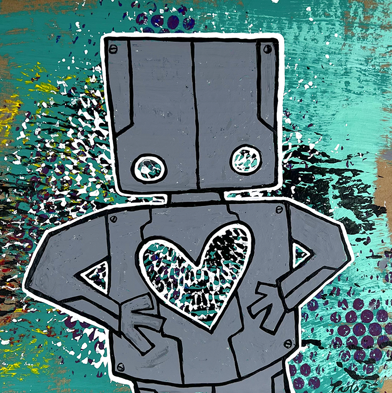 Teal HeartBot Collage Painting