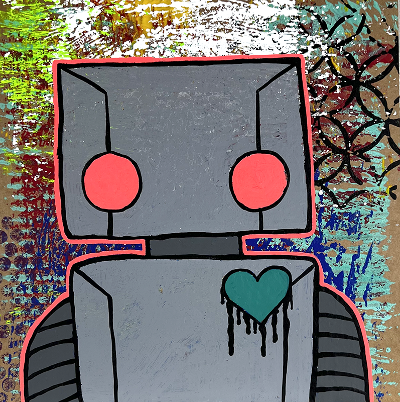 Pink Eyes HeartBot Collage Painting